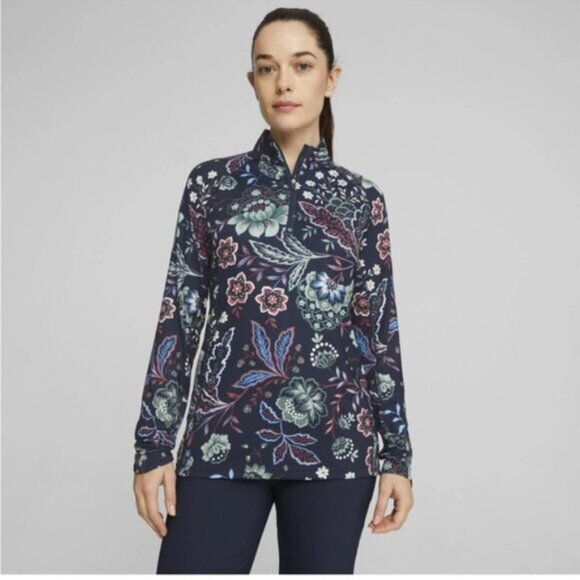 NWT Puma x Liberty Women's Navy Floral Quarter Zip Long Sleeve Blouse Top Size M - Picture 1 of 8